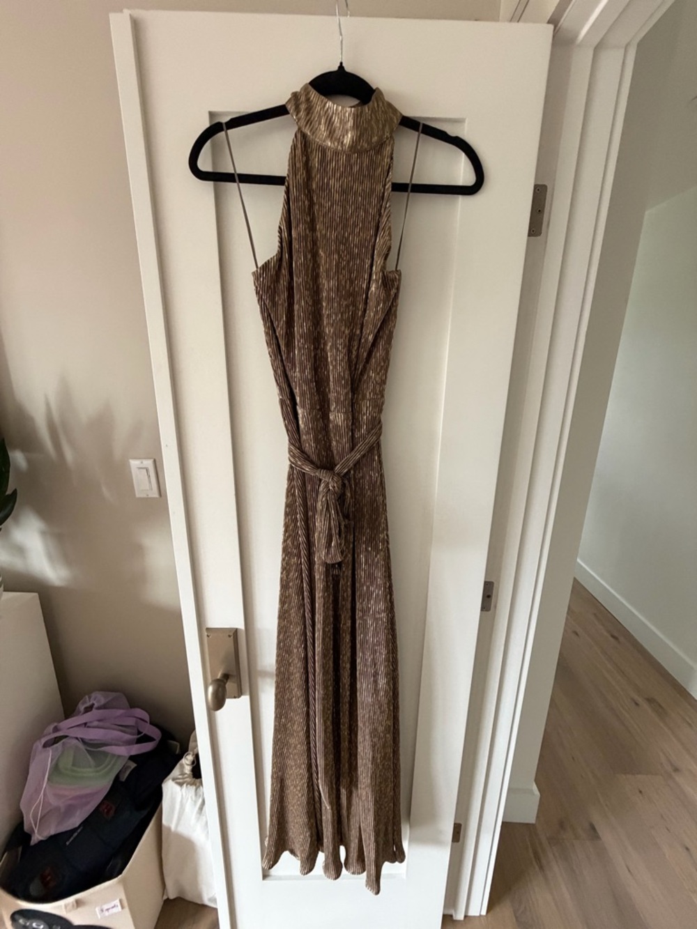 Vici Metallic Halter Maxi Dress with Waist Tie